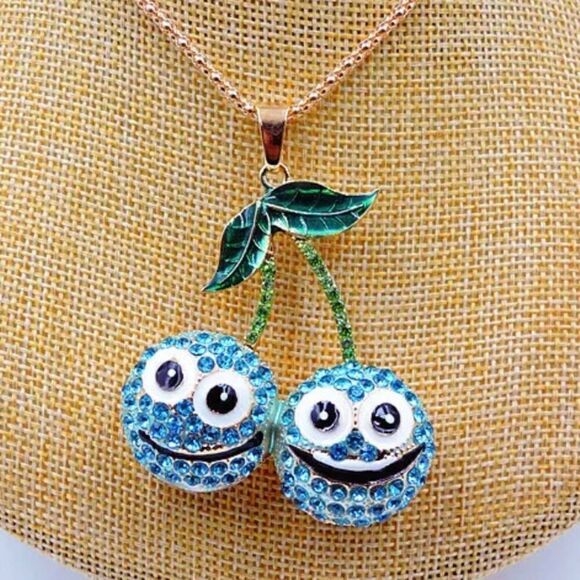 Blue Crystal Enamel Charm Cherry Pendant Sweater Chain Necklace NWOT - Picture 2 of 5